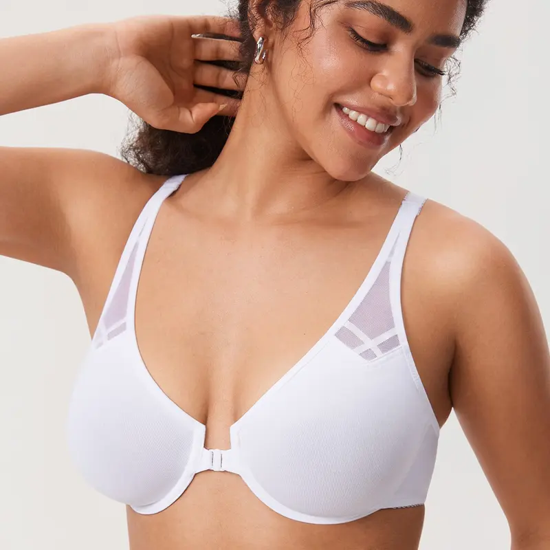DELIMIRA Women's Front Closure Racerback Underwire Plunge Unlined Bra Full Coverage Supportive