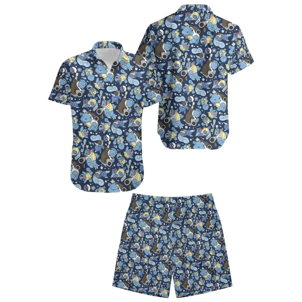 Wartortle Squirtle PKM Pocket Monsters Matching Hawaiian Shirt Shorts Set Men, Kawaii Blue Anime Print Summer Set, Perfect Gift for Boyfriend