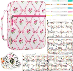 Bible Cover Case for Women,Cotton Bible Cover for Men Women with Handle,Purple Bible Book Cover,Bible Bag Floral,Carrying Case Bible Protective (Pink Bow Floral, L) outdoorfun