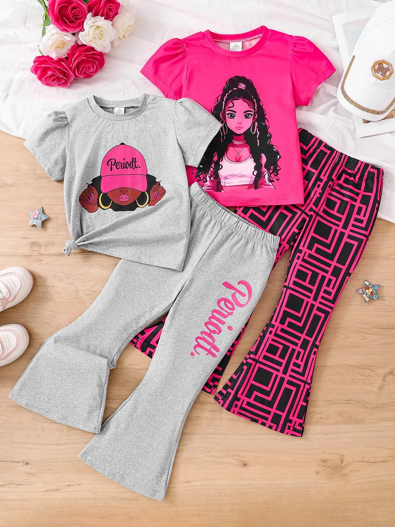 Girl's Cartoon Print Top & Pants Two-Piece Set, Casual Fashion Round Neck Short Sleeve Tee & Elastic Waist Trousers Set for Daily Wear, Kids Summer Cl