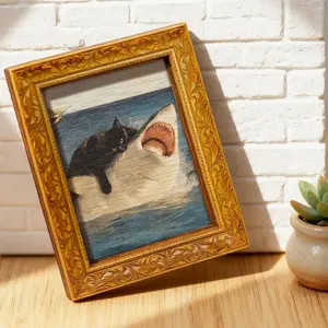 ACRYLIC 1pc of Fun Hakimi Fridge Magnet, Black Cat Riding Shark Wooden Mini Decorative Painting, 2D ACRYLIC Fridge Magnet, Ocean Adventure Theme Home Decor, Fun Kitchen Accessories
