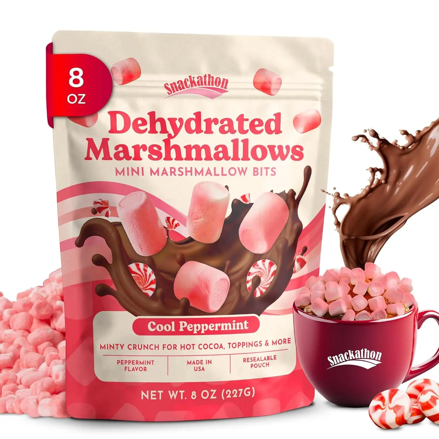 Snackathon Peppermint Mini Dehydrated Marshmallows – 8 oz Resealable Bag (Crunchy Topping for Hot Chocolate, Baking & Desserts)