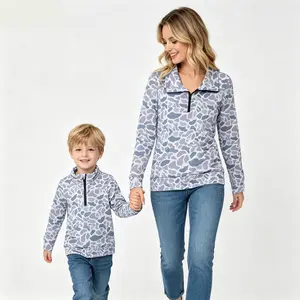 Women’s & Kids’ Retro Long-Sleeve Camo Pullover - Vintage Duck Camouflage Half-Zip Lightweight Spandex-Polyester Sweatshirt, Outdoor Essential Baby-Friendly Fashion Party Outfits