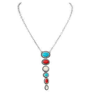 Western Semi Precious Natural White Red and Turquoise Howlite Stone Y-Drop Necklace, 18"+3" Extender