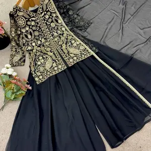 Plazo in soft fabric with fully embroidery work tops big flare pant with kurta tops  perfect partywear for any occasion size chart bust M(38),L(40),xl(42),xxl(44)