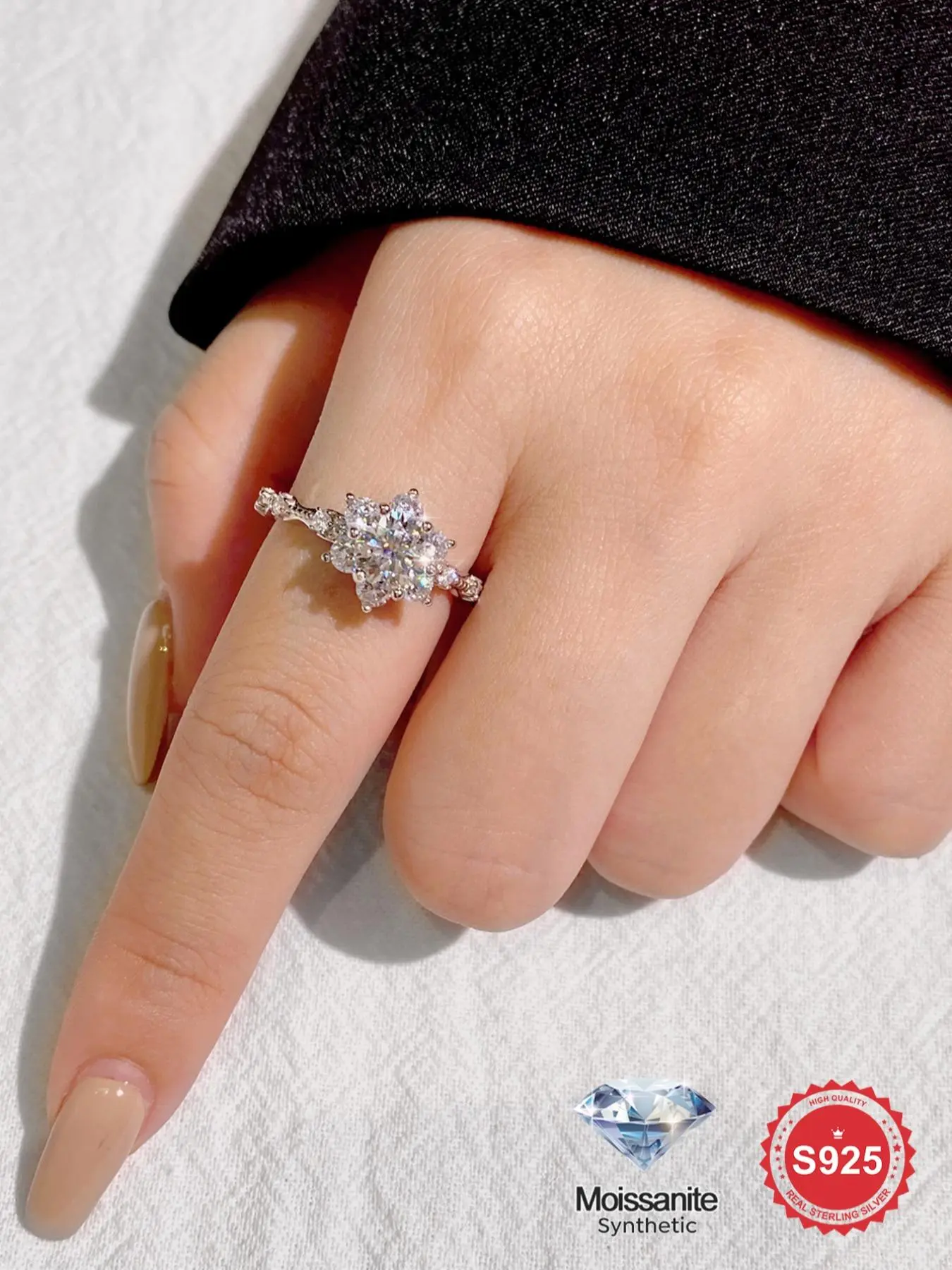 S925 Sterling Silver Synthetic Moissanite Sunflower Design Ring, Elegant Promise Wedding Engagement Ring, Fine Jewelry Anniversary Gift for Women & Girls