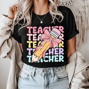 Teacher Shirt, Comfort Color Teacher Tshirt, Pencil Coquette Bow Shirt, Dalmatian Dots Teacher Tee, Bright Doodle School, Pink Bow Streetwear