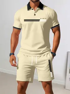 Men’s summer regular-fit cotton short-sleeve polo shirt and cotton shorts set featuring a Paris letter print. Fashionable casual menswear for going out, with pocketed athletic elastic-waist drawstring shorts. Two-piece set suitable for running, golf, fish