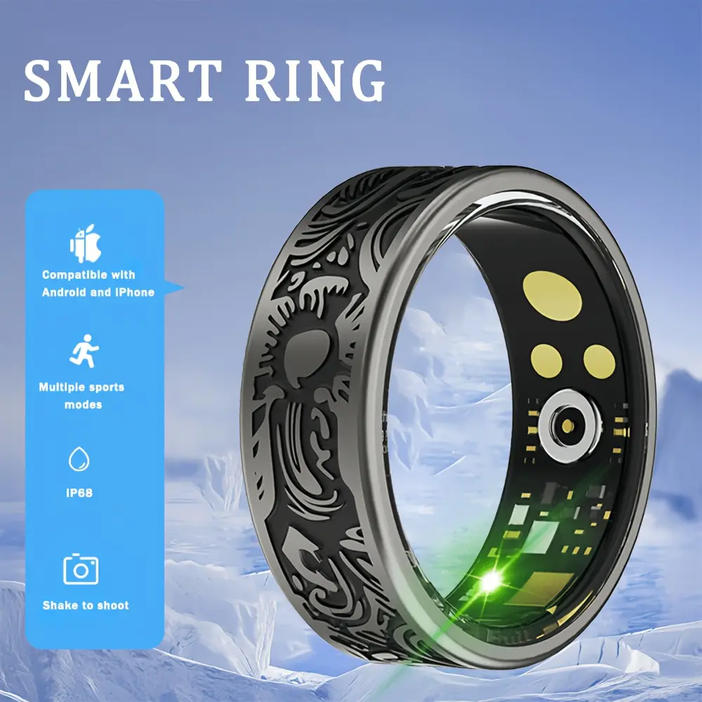 2026 New Waterproof Aluminum Unisex Digital Round Automatic Smart Ring Fitness Tracker with Charging Case - Wearable Multi-Mode Monitor, Calorie Counter, Heart Rate/Sleep/Distance Tracker, Photocontrol, App Sync, iOS & Android Compatible