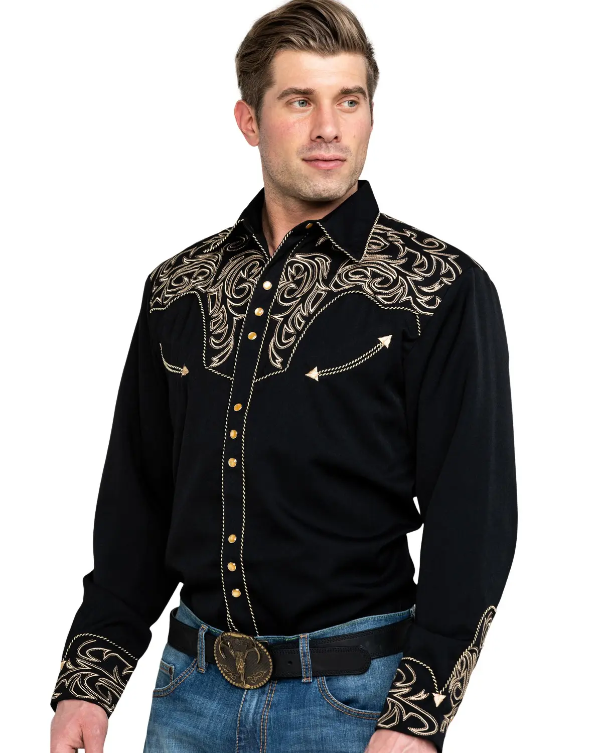 Scully Men's Men'S Embroidered Scroll Long Sleeve Snap Western Shirt - P-852 Blk