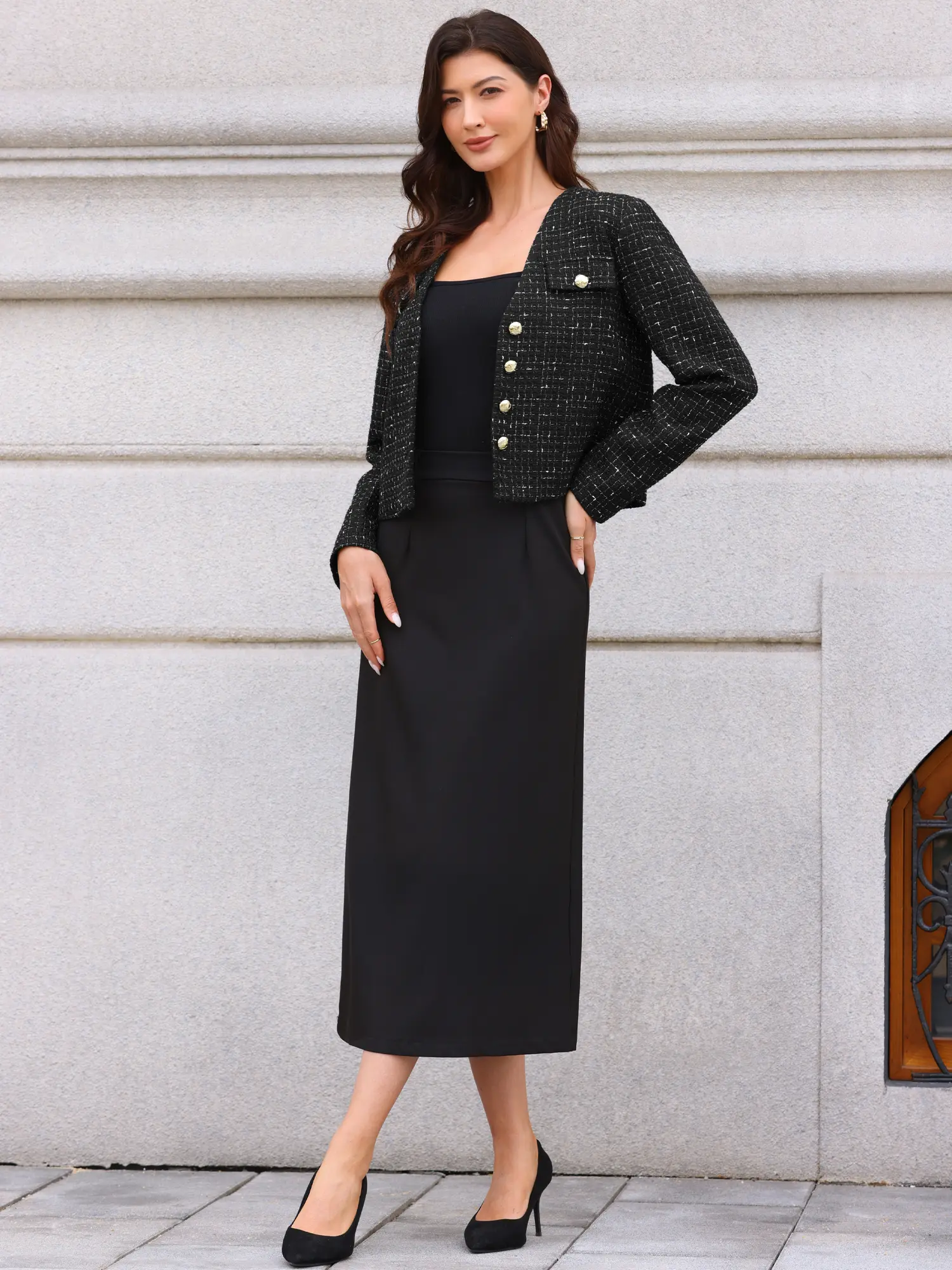 INSPIRE CHIC Women's Tweed Jacket Long Sleeve Button Down Collarless Business Casual Blazer Fall Trendy Cropped Jackets