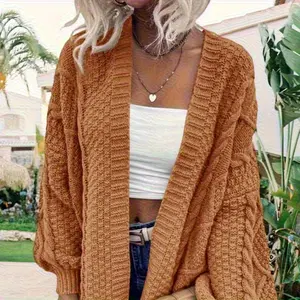 Women's Oversized Cardigan Sweater Front-Open Knitted Lantern Long Sleeve Thick Jacket
