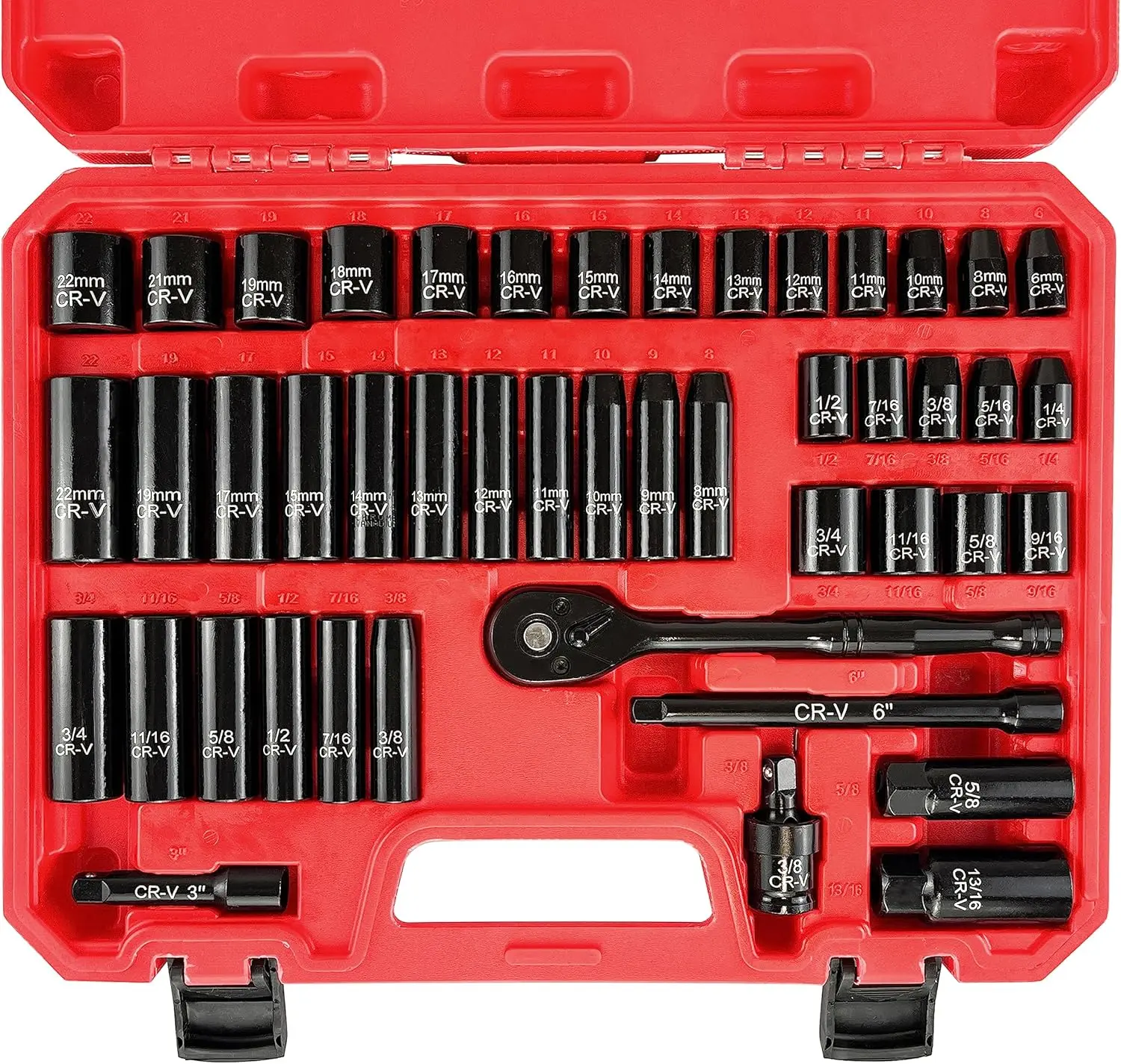 46pcs 3/8 Inch Cr-V Chrome Vanadium Steel Socket Kit, SAE/Metric Deep & Shallow Sockets, 6-Point & 12-Point Design, 72-Teeth Reversible Ratchet, Precise Adjustment, Corrosion & Rust Prevention