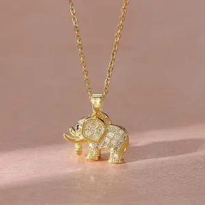 Elegant 18K Gold-Plated Elephant Necklace with Sparkling Cubic Zirconia, Trendy Clavicle Chain for Women