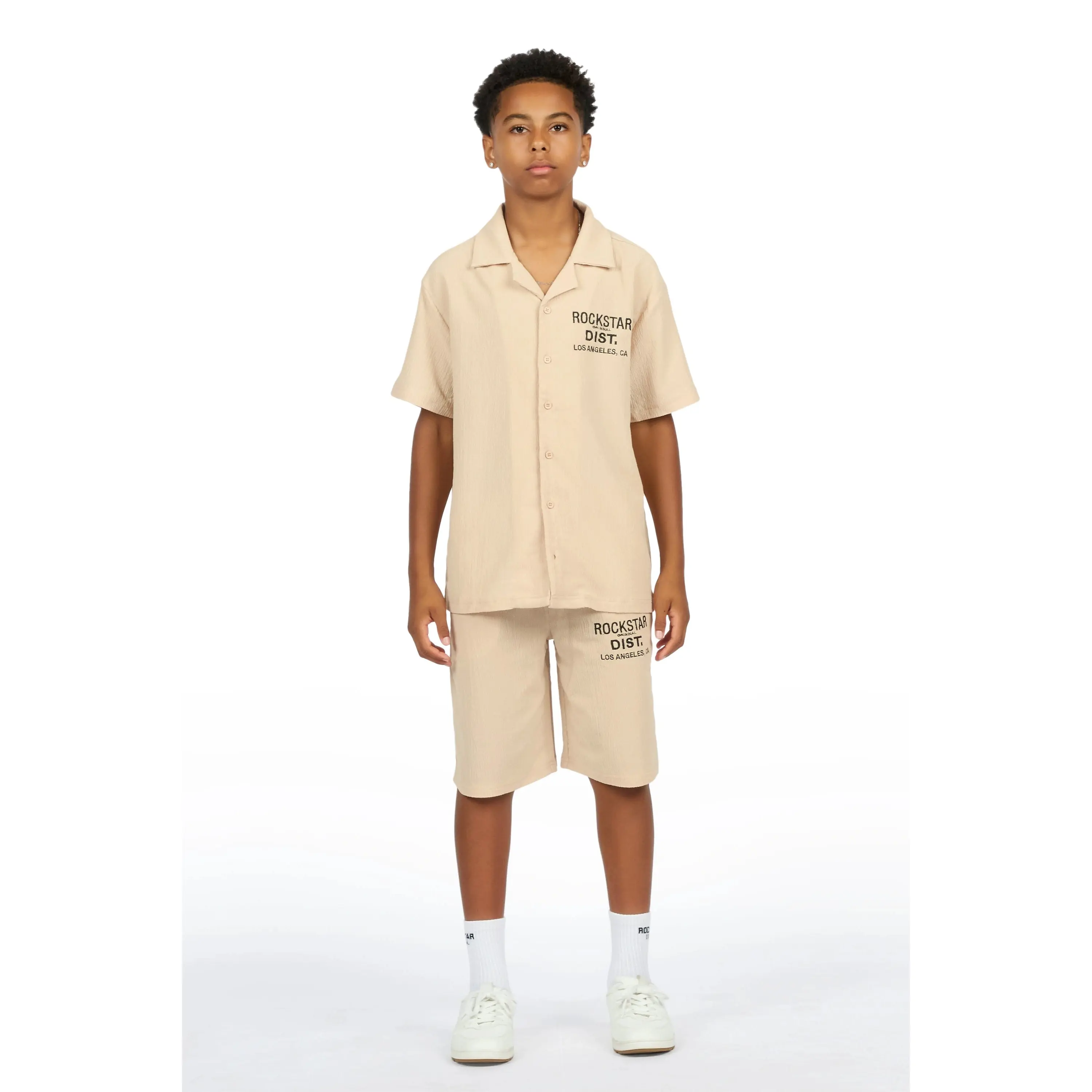 Boys Kason Beige Button Down Shirt/Short Set
