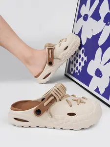Women's Beige-Brown Color-Block Lace-Up Clogs: Two-Wear Design + Air Cushion Shock-Absorbing, Daily Outdoor Slides