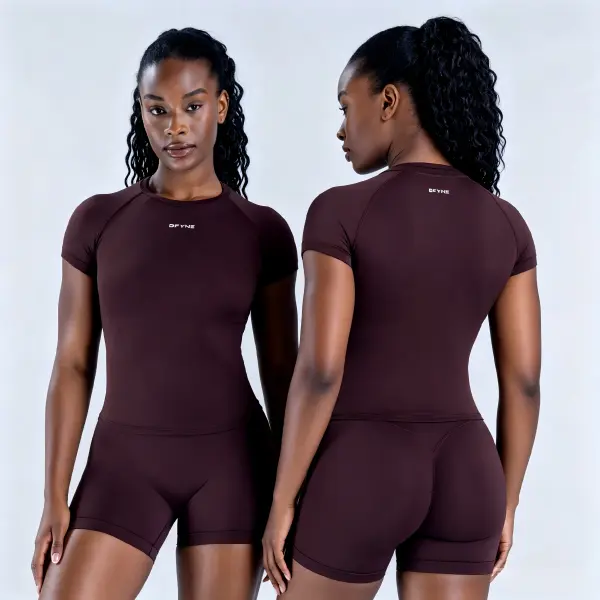 (With Logo) DFYNE Women's High-Stretch Workout Set, Short Sleeve Top & High Waist Active Bottoms for Gym & Everyday Quick-Dry Compression Fitness high-waisted sporty athletic woman cute