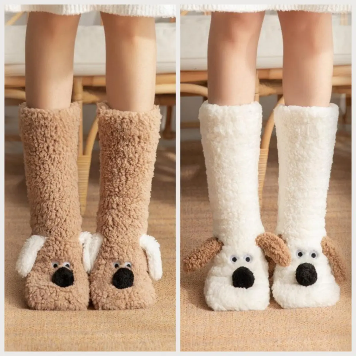 Women's Cute Cartoon Character Animal-Faced Mid-Calf Wrap Coral Fleece Socks, Soft Warm Stretchy Elastic Cuff Breathable, for All-Day Home Use
