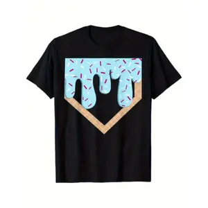 2026 Boys' Baseball Ice Cream Drip Graphic Tee - Breathable, Moisture-Wicking Polyester Shirt Featuring a Baseball And Bat Design - a Black Casual Summer Top, Perfect Gift for Young Sports Enthusiasts