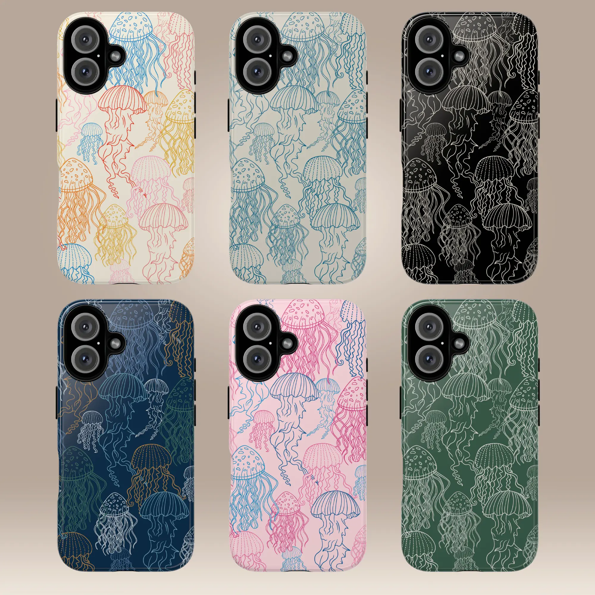 Overlapping Jellyfish UV Printing Multi-Model Smartphone Case - Polycarbonate-TPU, Shockproof, Shock Absorbent, High Color Fastness, Ocean Sea Shell Accessory for iPhone 11 Pro/Max Variants, 12-17, Galaxy S22-S26 Ultra, Gift for Her
