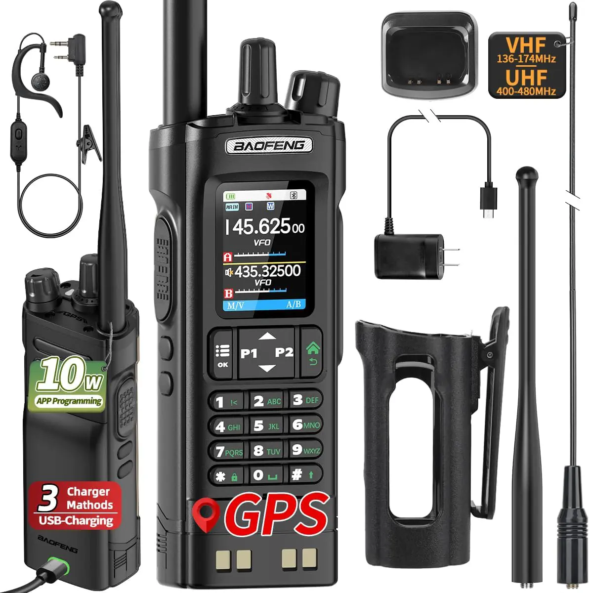 Baofeng UV-32 Portable Ham Two Way Radio, 10W Multi-Band Rechargeable Walkie Talkie, APP Programming, with High Gain 771 Antenna for Camping Outdoor