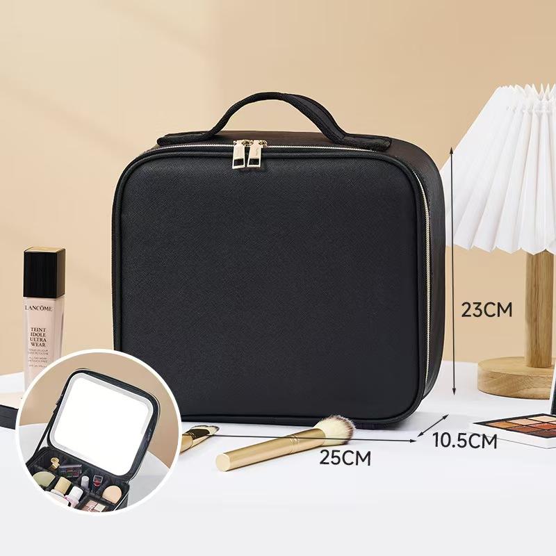 Travel cosmetic bag with LED light, USB charging women's cosmetic storage box, portable lighted makeup mirror with adjustable brightness, three-color adjustable light, portable cheap storage bag with adjustable divider makeup brush puff storage box