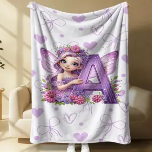 Purple Flower Fairy Letter Fleece Blanket A-Z, Diamond Letters & Cartoon Fairies Bow Heart Patterns, Sofa Bed Tail Camping Travel Indoor Outdoor Use Cover Blanket, Throw Blanket, Elf Aesthetic Initial Custom Home Decor, Cozy Throw Blanket