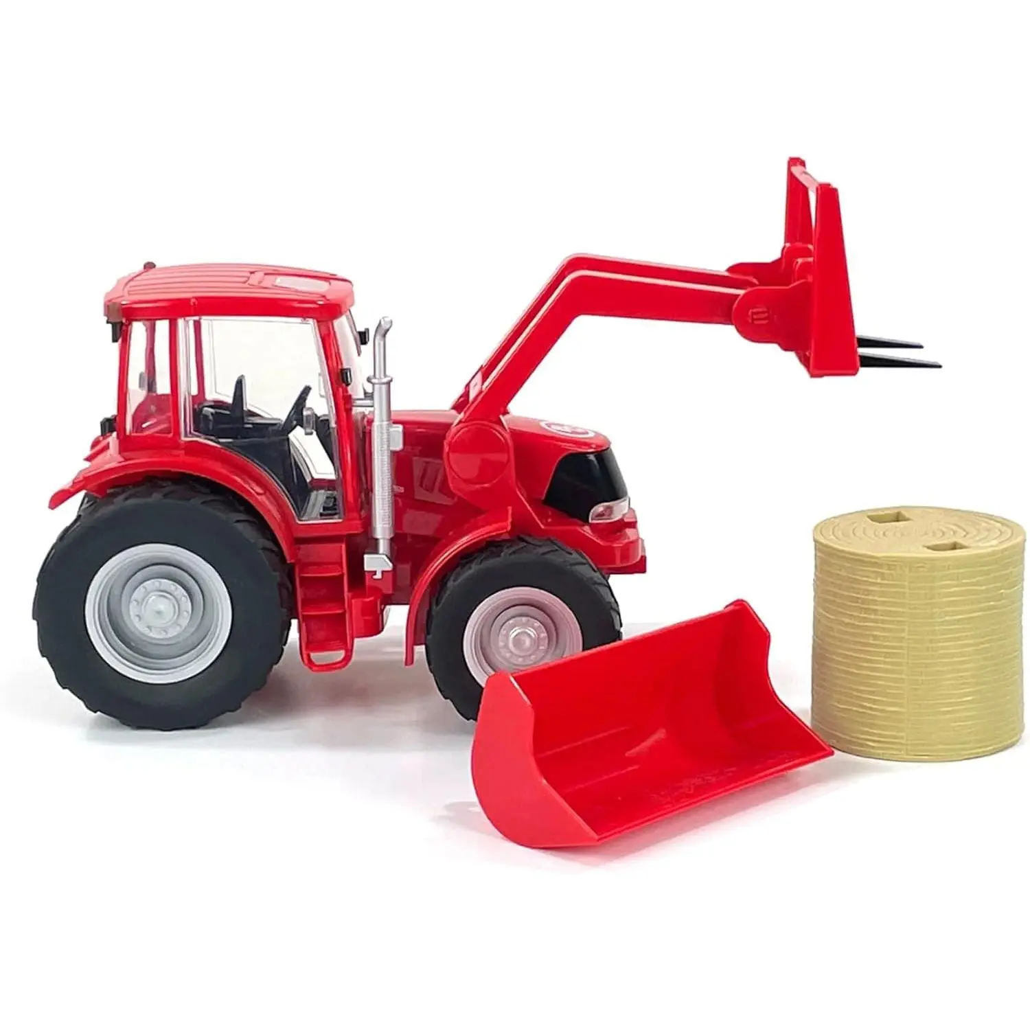 Red Tractor & Implements 1:20 Scale Toy Tractor with Hay Bale and Bucket Attachment Working Doors Red for Ages 3 and Up
