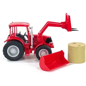 Red Tractor & Implements 1:20 Scale Toy Tractor with Hay Bale and Bucket Attachment Working Doors Red for Ages 3 and Up