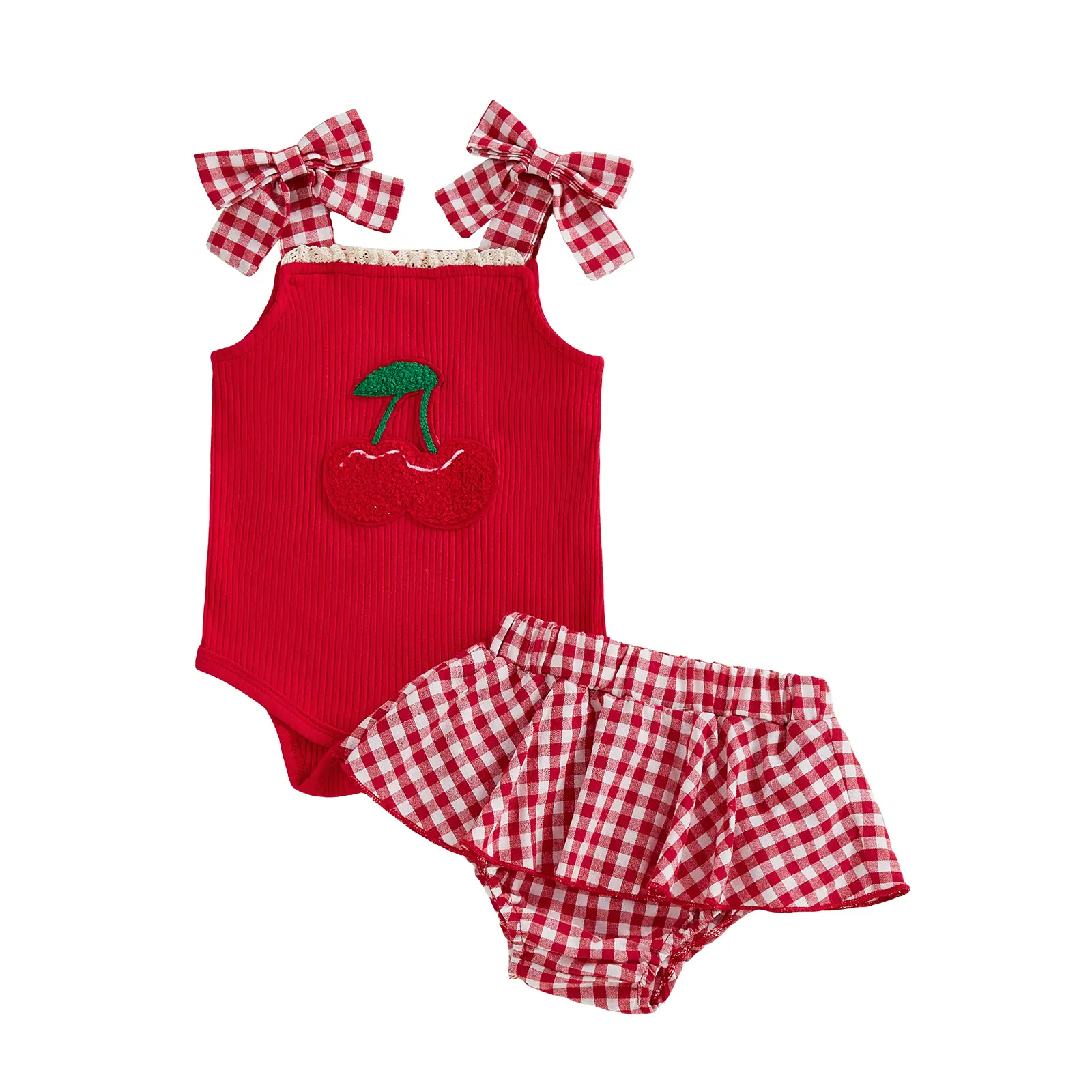 Canrulo Infant Baby Girl Summer Outfits Plaid Cherry Patch Embroidery Tie Shoulder Sleeveless Romper and A Line Skirt Set 0-18 Months