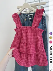 Women's Summer Cute Casual Vacation Ruffle Hem Sleeveless Square Neck Tank Top, Loose-Fitting Plaid Pattern, Perfect for Relaxing Days