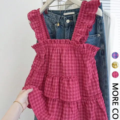 Women's Summer Cute Casual Chic Sleeveless Vacation Ruffled Hem Sleeveless Design Square Neckline Tank Top, Sleeveless Tank Tops, Loose-Fitting Plaid Pattern, Perfect for Relaxing Days