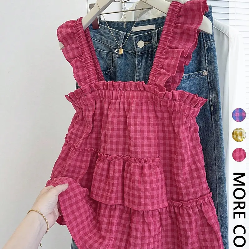 Women's Summer Cute Casual Chic Sleeveless Vacation Ruffled Hem Sleeveless Design Square Neckline Tank Top, Sleeveless Tank Tops, Loose-Fitting Plaid Pattern, Perfect for Relaxing Days