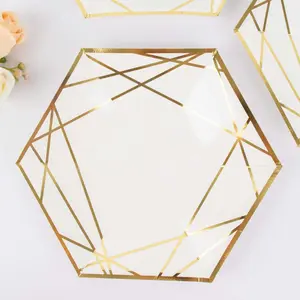 25-Pack Paper Hexagon Dinner Plates 9" White with Gold Geometric Lines & Rim - 300GSM Disposable Geometric Party Plates for Weddings & Cocktail Receptions