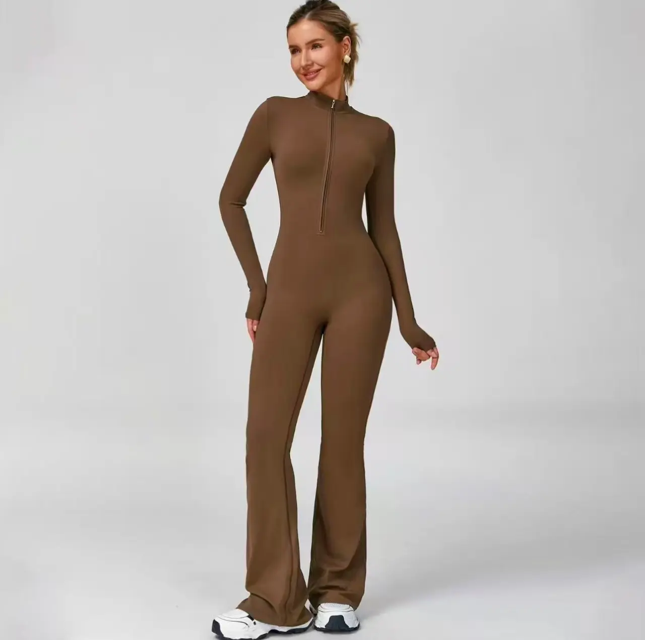 Hijesse Spring and Summer Women's Long Sleeve Flared Sports Jumpsuit with Zipper Wide Leg Bodysuit Sexy One-Piece YogaJumpsuit for Gym Casual Street Wear Tennis Skirt Shorts Tie Front Activewear Sporty Yoga Set - Womenswear, Overalls