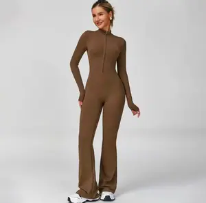 Hijesse Spring and Summer Women's Long Sleeve Flared Sports Jumpsuit with Zipper Wide Leg Bodysuit Sexy One-Piece YogaJumpsuit for Gym Casual Street Wear Tennis Skirt Shorts Tie Front Activewear Sporty Yoga Set - Womenswear, Overalls