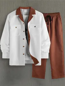 Men's Colorblock Button Front Shirt & Pants Two-Piece Set, Casual Fashion Cozy Breathable Two Piece Outfits for Daily Outdoor Wear, Men Clothes for Spring Fall