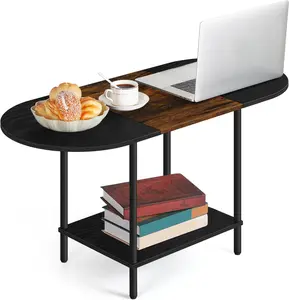 Small Oval Coffee Table, 2-Tier Farmhouse Round Coffee Table with Storage and Open Shelving, Center Table for Living Room, Small Space, Home Office, Rustic Brown & Black