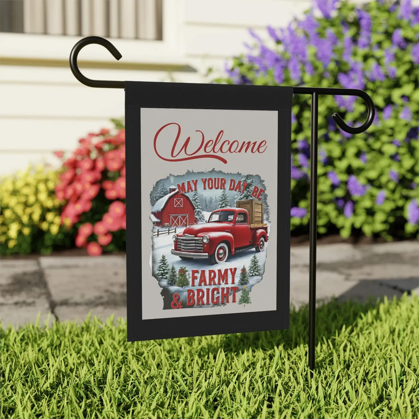 Farmhouse Christmas Garden Flag: Vintage Red Truck Winter Barn Decor