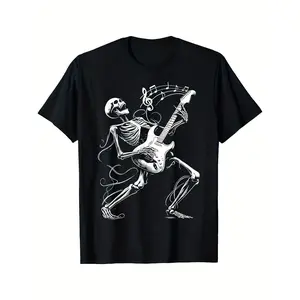 Men'S Rock Band Skeleton Guitarist Graphic T-Shirt - Black & White Music Tee with Electric Guitar & Stage Performance Design, Breathable, Loose Fit Crew Neck, Machine Washable Casual Shirt for Concerts, Casual Attire & Rock Style Outfits