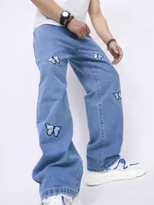 Men's Butterfly Embroidery Light Blue Jeans, Loose Fit Wide Leg Straight Pants, Street Style Fashion High Street Men's Trousers, Streetwear