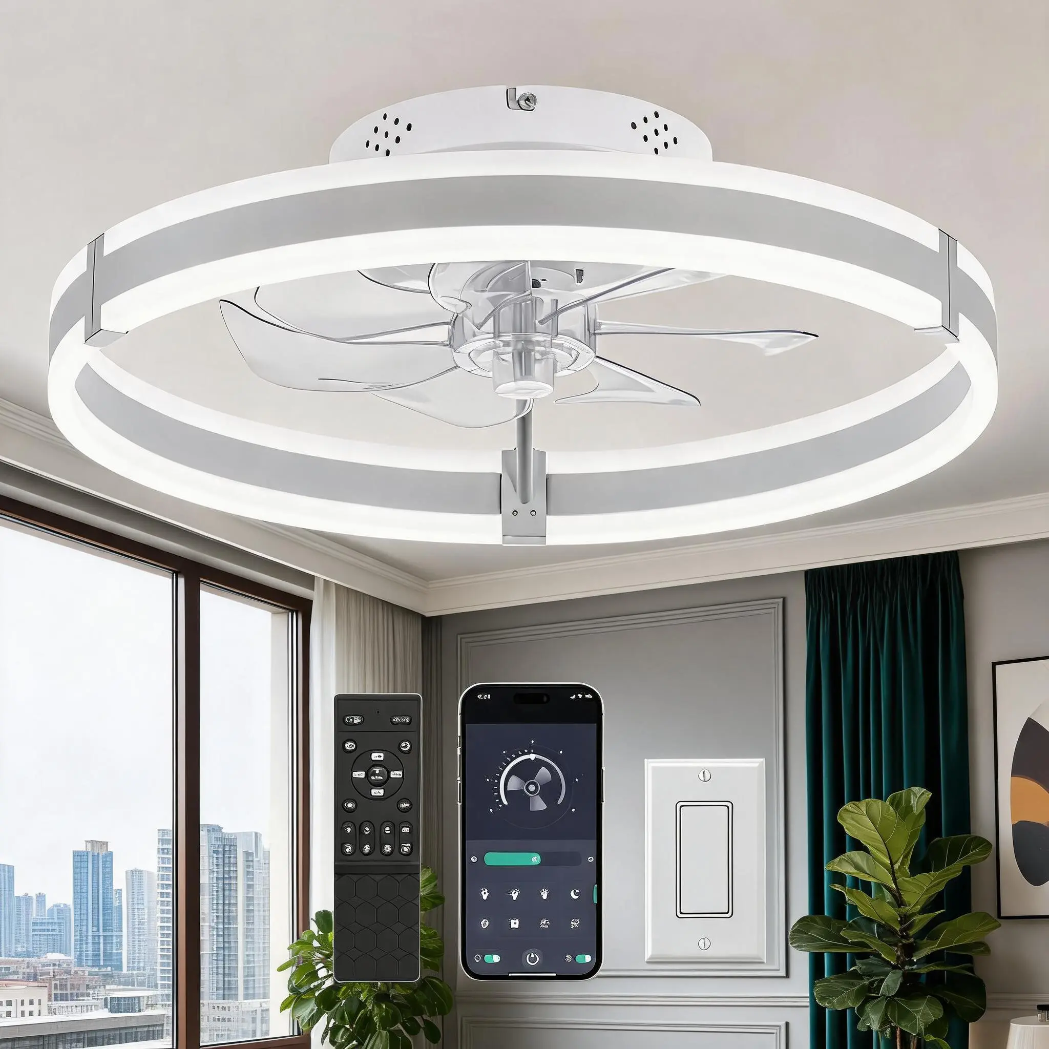 Garvee Low Profile Flush Mount Ceiling Fan with LED Light & Remote, 20 in Enclosed Metal/Acrylic Fandelier, 3000-6000K Dimmable, 6-Speed Reversible Quiet DC Motor for Bedroom/Kitchen