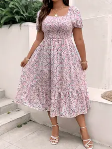 Women's Fashion Plus Size Casual Wear Shirred Ruched Print Dress, Elegant Loose-Fitting Midi Dress, Short Sleeve Woven Fabric, All Seasons, Spring