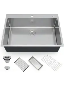 Kitchen Sink,30/33 Inch Undermount Kitchen Sink 16 Gauge Single Bowl Stainless Steel Kitchen Sink With Integrated Ledge And Accessories(Pack Of 5),30"/33"-Workstation Sink Installation