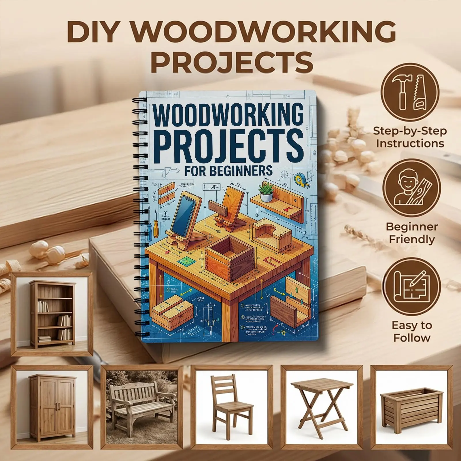 Beginner Woodworking Project Plan, 8.3*5.5 Inches, Detailed Guide, Illustrations, Templates, Design, Measurement Values, Functional & Aesthetic Wooden Items