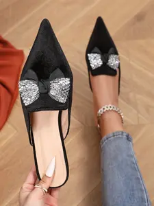 Women's Pointed Toe Flat Mules, Spring & Fall Fashion, Bow Design, Korean Velvet, Mid-Calf Height, Comfortable Soft Fabric