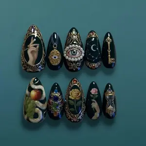 Baroque Surrealist Press On Nails, Hand-Painted Renaissance Alchemy And Eye Nails, 3D Pearl Filigree & Emerald Mystery Fake Nails