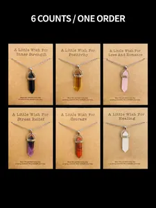 Natural Crystal Necklace Set, 6 Pcs/set Wish Card Necklace, Fashion Pendant Necklace for Women & Men, Trendy All-match & Exquisite Jewelry for Birthday Gift, Gifts for Girlfriend, Amethyst Crystal, Natural Healing Crystal