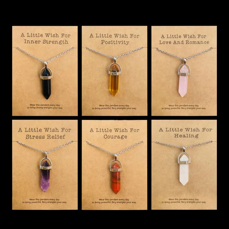Natural Crystal Necklace Set, 6 Pcs/set Wish Card Necklace, Fashion Pendant Necklace for Women & Men, Trendy All-match & Exquisite Jewelry for Birthday Gift, Gifts for Girlfriend, Amethyst Crystal, Natural Healing Crystal, Crystal Jewellery