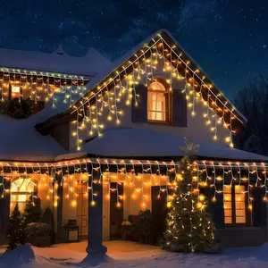 Solar Ice Strip Lights, Ground Stake & Wall Mount Curtain String Lights, Remote Control with 8 Flash Modes, Indoor Party Decor